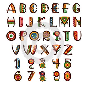 African ethnic primitive font. Hand drawn brightly safari vector alphabet photo