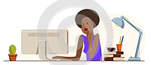 African ethnicity girl office worker pensive concentrated on her work vector flat illustration isolated, serious attentive worker