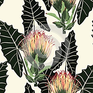 African exotic flowers with natural exotic tropical leaves. Detailed editable illustration.