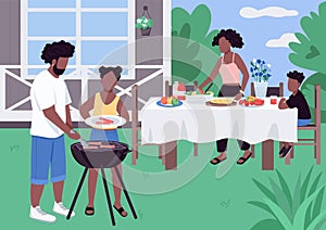 African family barbeque flat color vector illustration