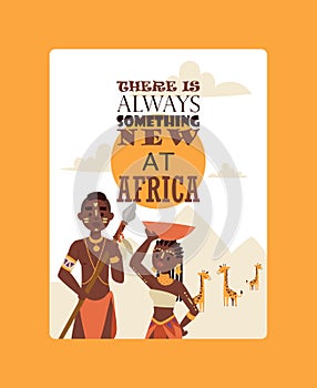 African family native tribe people, vector illustration. Travel poster design with man and woman in traditional tribal