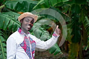 African farmer man standing with banana tree in organic farm.Agriculture or cultivation concept