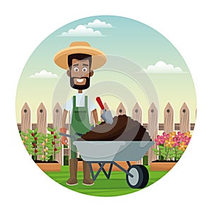 african farmer man straw hat wheelbarrow earth garden fence