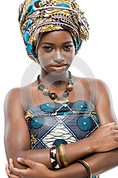 African fashion model on white background.