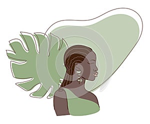 African female body silhouette with simple shapes and monstera leaf. Vector illustration in flat design