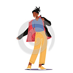 African Female Character Dressing Up Warm Coat. Woman Put on Winter or Autumn Clothes Prepare to go Outside