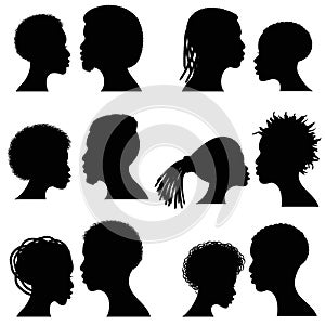 African female and male face vector silhouettes. Afro american couple portraits for wedding and romantic design photo