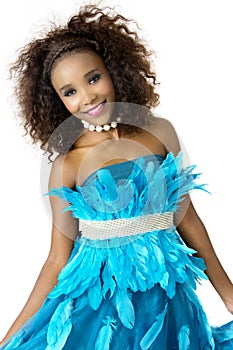 African Female Model Wearing Turquoise Feathered Dress, Big Afro