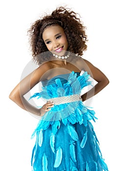 African Female Model Wearing Turquoise Feathered Dress, Big Afro