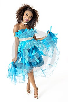 African Female Model Wearing Turquoise Feathered Dress, Full Length