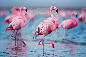 african flamingos walking around the blue lagoon. Generative AI