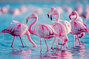 african flamingos walking around the blue lagoon. Generative AI