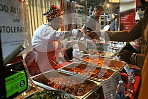 African food in London east at Spitalfields Market