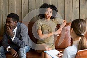 African frustrated wife talking to psychologist, family marriage