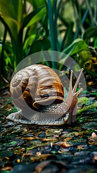 African giant snail crawls slowly in natural environment