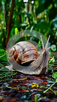 African giant snail crawls slowly in natural environment