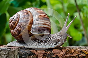 African giant snail crawls slowly in natural environment