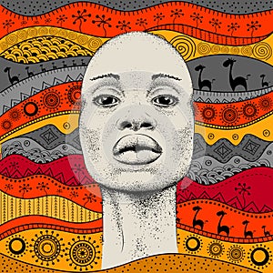 African Girl with African hand draw ethno pattern, tribal background. Beautiful black woman. Profile view. Vector illustration