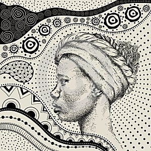 African Girl with African hand draw ethno pattern, tribal background. Beautiful black woman. Profile view. Vector illustration