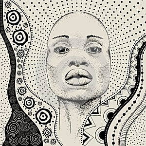 African Girl with African hand draw ethno pattern, tribal background. Beautiful black woman. Profile view. Vector illustration