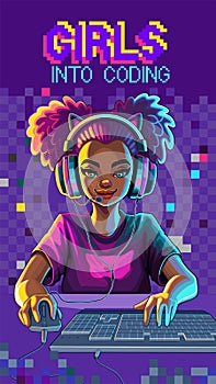 African girl gamer or streamer with cat ears headset sits in front of a computer