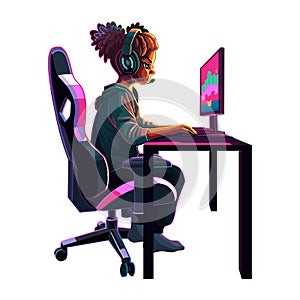 African girl gamer or streamer with a headset sits in front of a computer