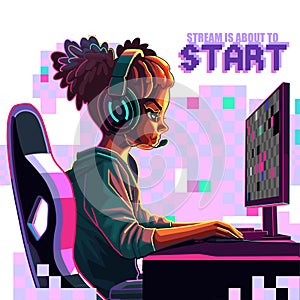 African girl gamer or streamer with a headset sits in front of a computer