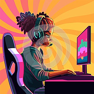 African girl gamer or streamer with a headset sits in front of a computer