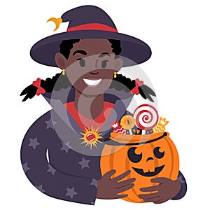 African girl with halloween pumpkin dressed as a wizard. Flat style Illustration