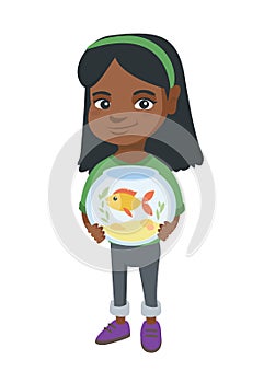 African girl holding aquarium with goldfish.