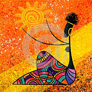 African girl holds the sun digital painting canvas artwork original in warm colors