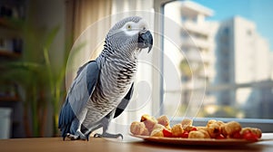 African gray parrot a beloved resident in this cozy apartment