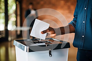 african hand casting a vote paper election ballot in a voting box, brick walls background. african american man putting a