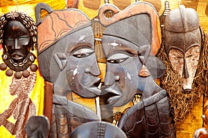 African handcraft wood carved profile faces