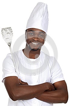 African handsome cook with kitchen utensils