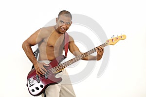 African hispanic man playing bass guitar