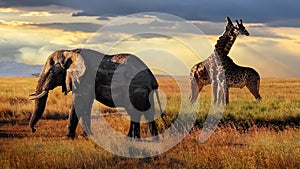 African huge elephant and giraffes  in the Serengeti National Park. Tanzania. African safari.