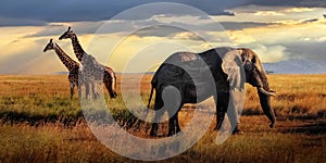 African huge elephants and giraffes  in the Serengeti National Park. Tanzania. African safari