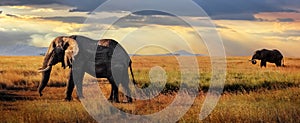 African huge elephants in the Serengeti National Park. Tanzania. African safari. Banner format.