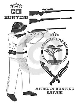 African hunter safari labels, emblems and design elements.