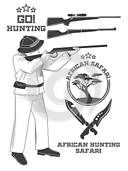 African hunter safari labels, emblems and design elements. Vector