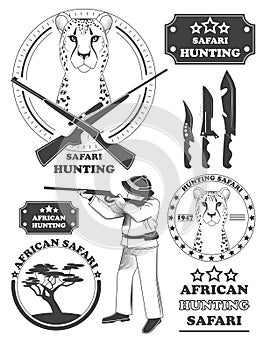 African hunter safari labels, leopard emblems and design elements.