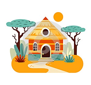 African hut in desert. House with porch and windows, thatched roof. Vector isolated illustration.