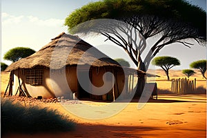 african hut in the savanna of africa. 3d render