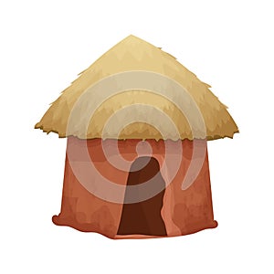 African hut with straw roof and clay wall house in cartoon style isolated on white background. Tribal, rural desert