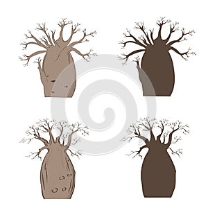 African iconic tree. Vector baobab set. Adansonia gregorii silhouette