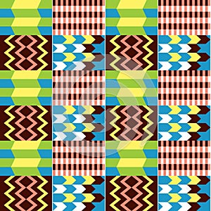 African Kente cloth style vector seamless textile pattern, tribal nwentoma design with geometric motif