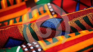 African Kente cloth, a vibrant and richly patterned fabric from Ghana, featuring bold and colorful interwoven geometric