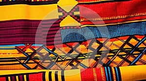 African Kente cloth, a vibrant and richly patterned fabric from Ghana, featuring bold and colorful interwoven geometric