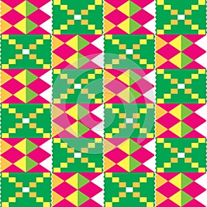 African Kente tribal geometric seamless pattern, traditional nwentoma cloth style vector textile design in pink and green